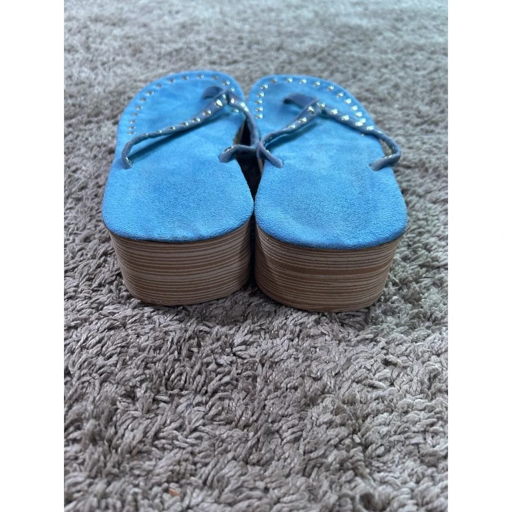 Blue Faux Suede Studded Platform Sandals Wedge Flip Flops Festival Western 8